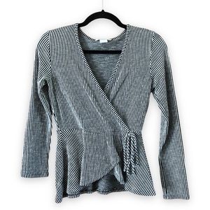 Caution to the Wind Black & White Stripe Faux Wrap Long Sleeve Top Size Small